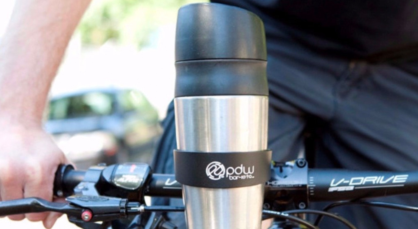 A Bar-ista cup holder for his bicycle